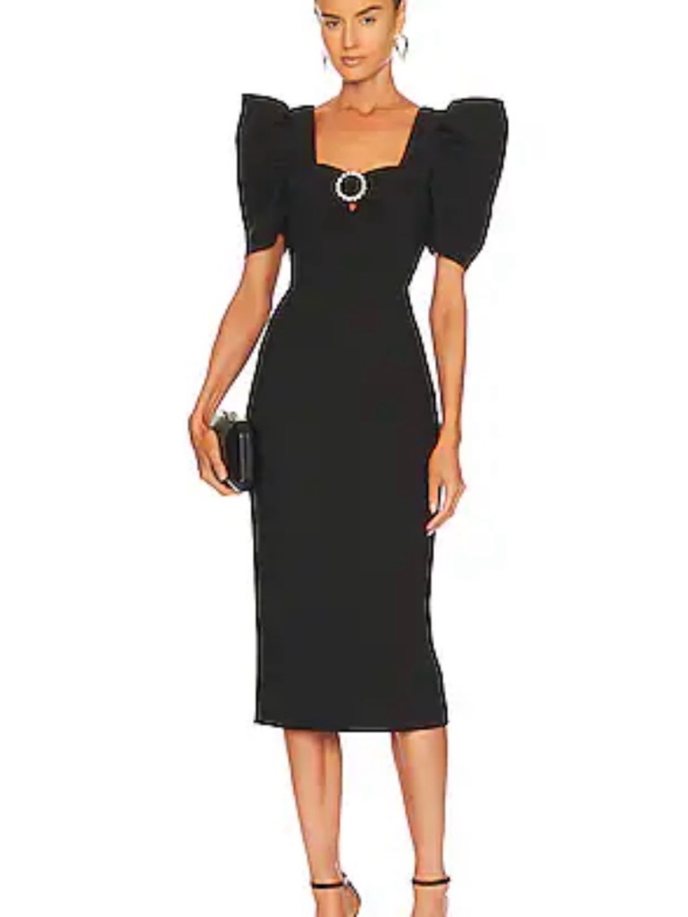 Likely Black Puff-Sleeve Midi Dress with Ring Detail